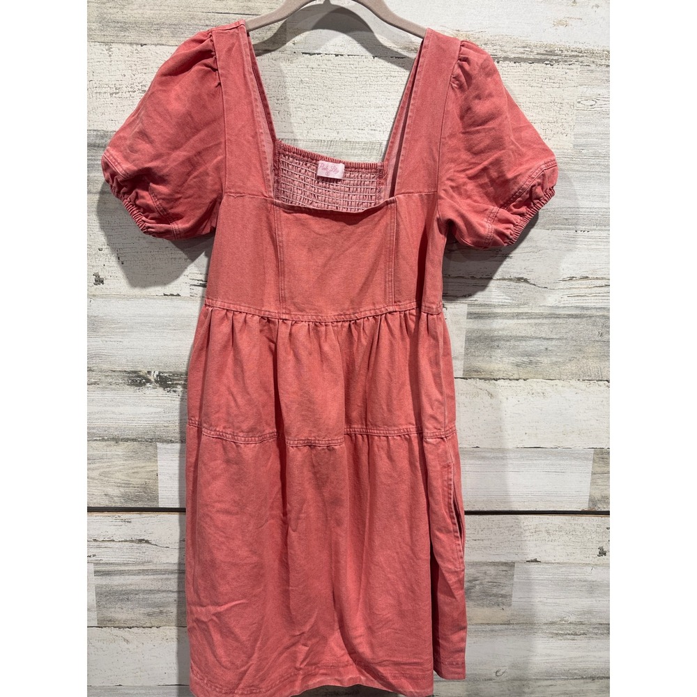 Pink Lily Denim Dress Womens Small Pink Puff Sleeve Tiered Babydoll Boho EUC‎